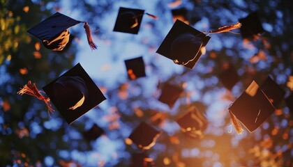 Graduation cap toss with vibrant colors, dynamic energy, soft lighting, festive atmosphere, outdoor setup