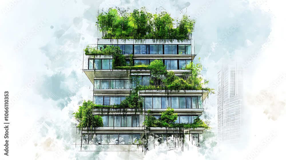 Poster sustainable office building sketch with green roofs energyefficient windows and green facade ecofrie