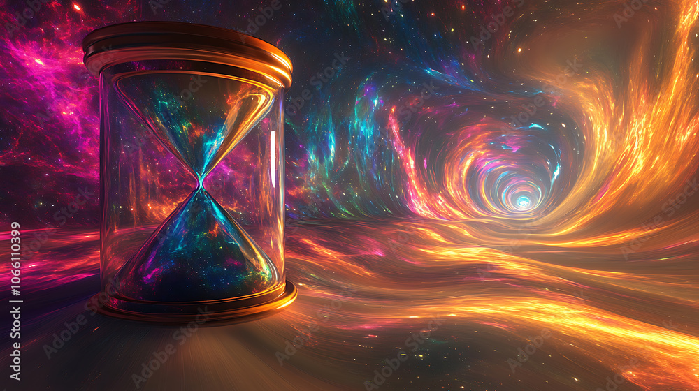 Poster surreal hourglass with flowing cosmic sand starry background time distortion effect ethereal lightin