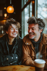 Fototapeta premium Happy Young Adults Laughing Over Coffee in Cozy Cafe Setting