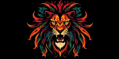 Fototapeta premium Artistic lion with vibrant colors and intricate patterns on a black background, vibrant, creative