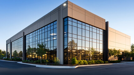 Obraz premium sleek modern warehouse office building exterior industrialchic design with clean lines and large windows metal and glass facade reflects surrounding environment