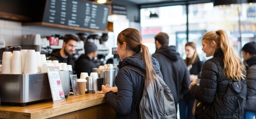 People wait in line at a coffee shop counter with coffee cups and a barista working behind the counter.