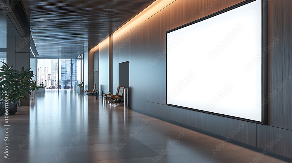Poster sleek digital billboard in modern office lobby seamlessly integrated into minimalist architecture so