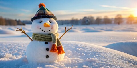 Obraz premium Snowman standing in a snowy field, wearing a carrot nose and a cozy scarf , winter, cute, Christmas, holiday, frosty, frozen, white