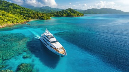 Obraz premium Luxurious Yacht Sailing in Crystal Clear Turquoise Waters Near Lush Tropical Island with Verdant Hills and Blue Sky