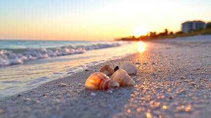 Seashells on a sandy beach at sunset with ocean waves in the background.