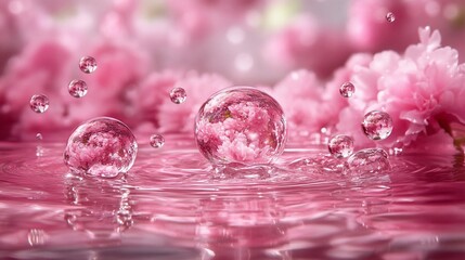 Water droplets with pink flowers reflecting on a water surface.