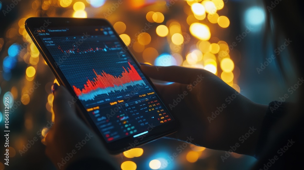 Poster person holding tablet with stock market data and bokeh lights in background