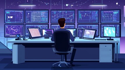 A Man Sitting at a Desk With Multiple Monitors Displaying Data and Graphics.