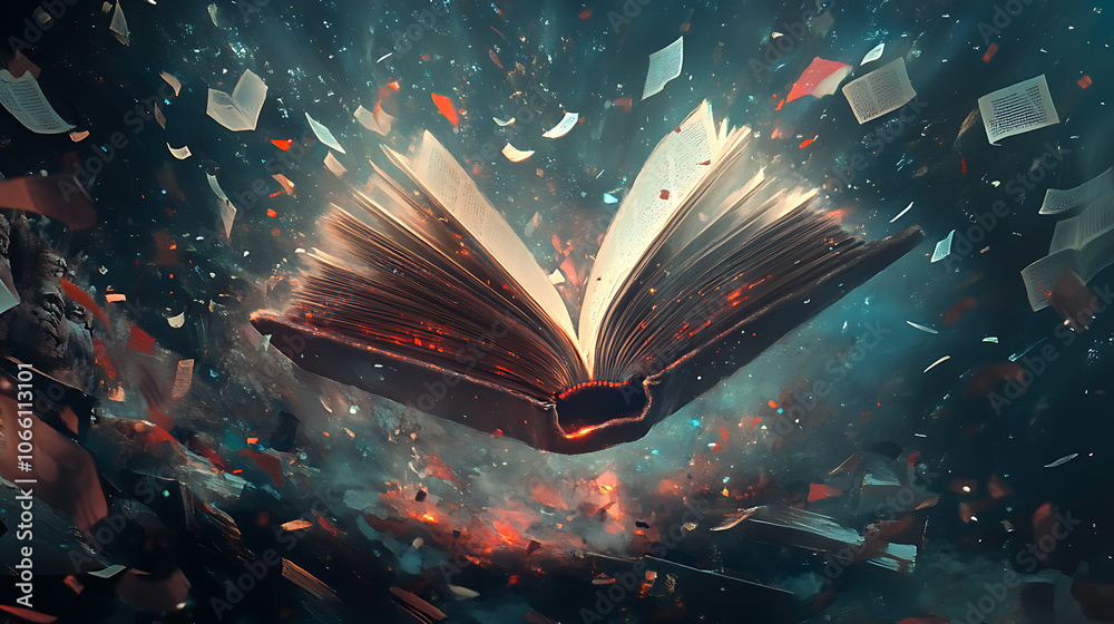 Poster open book with flying pages and magical light rays on dark background generative ai concept digital painting