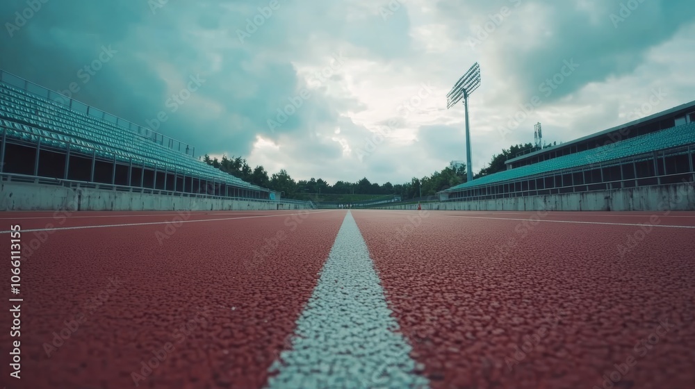 Poster Ground level view of a vibrant red running track stretching towards empty bleachers in an athletic stadium, under a dramatic cloudy sky, evoking a sense of anticipation and potential