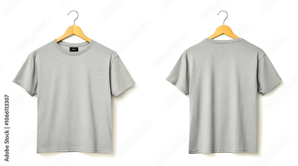Poster mockup of plain gray tshirt with wooden hanger front and back views isolated on white