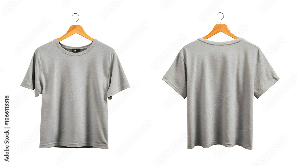 Poster mockup of plain gray tshirt with wooden hanger front and back views isolated on white