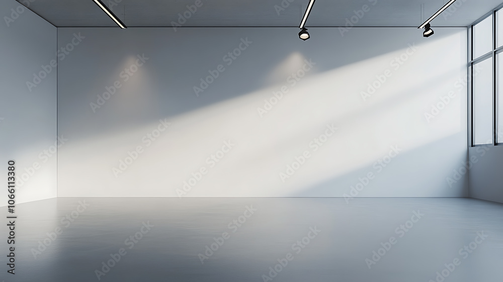 Poster minimalist studio setup with a smooth grey floor seamlessly transitioning into a white cyc wall dramatically lit by overhead spotlights creating a subtle gradient effect