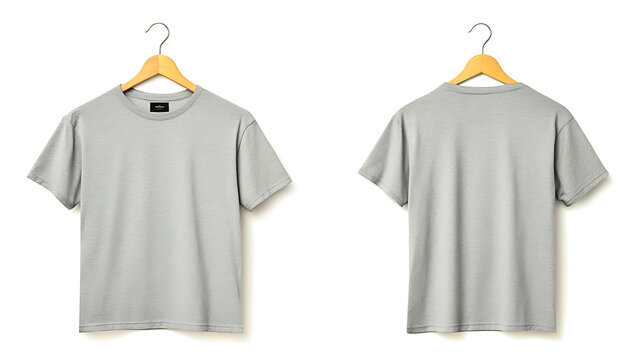 mockup of plain gray tshirt with wooden hanger front and back views isolated on white