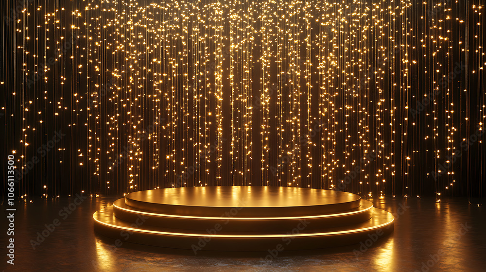 Aufkleber luxurious empty stage podium with shiny gold background and glowing lights 3d rendered backdrop