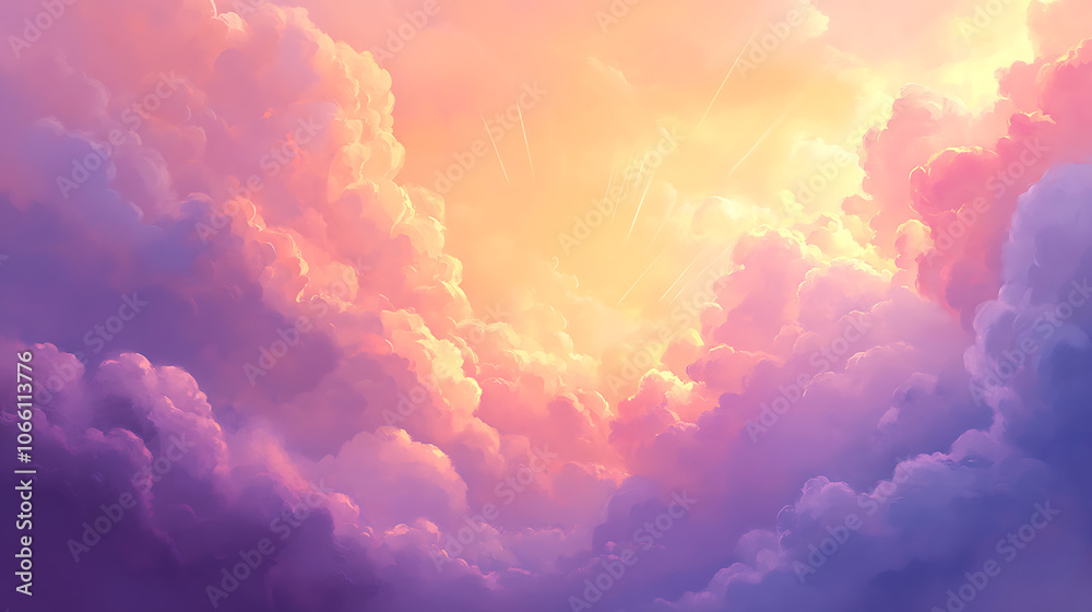 Poster ethereal cloudscape with soft billowing pastel clouds in shades of pink lavender and peach dreamy sky background with subtle light rays filtering through