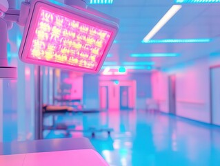 Fototapeta premium Hospital emergency room with vibrant lighting, sleek modern setup, dynamic movement, high-energy atmosphere