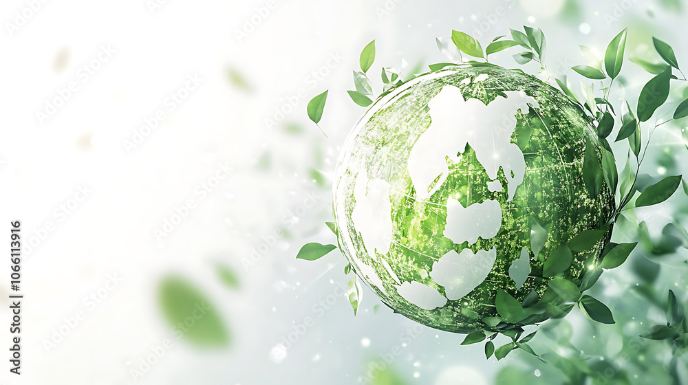Aufkleber ecofriendly globe icon made of leaves and vines floating above a white background with soft shadows radiating a gentle green glow