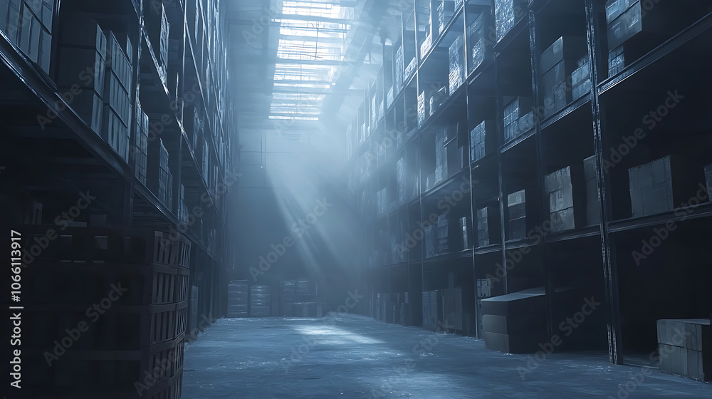 Aufkleber eerie abandoned warehouse interior bathed in shadows and cool tones towering shelves and empty space