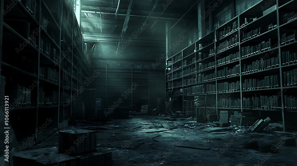 Poster eerie abandoned warehouse interior bathed in shadows and cool tones towering shelves and empty spaces create an atmospheric scene with a hint of mystery and decay
