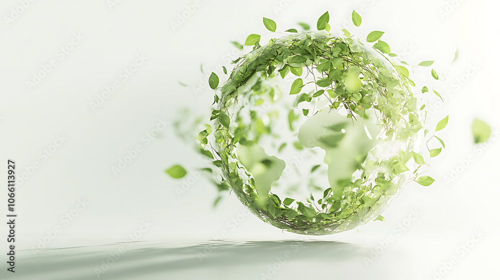 Aufkleber ecofriendly globe icon made of leaves and vines floating above a white background with soft shadows radiating a gentle green glow
