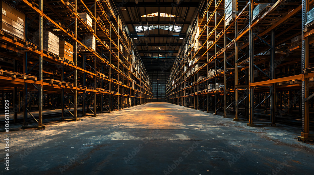 Fototapete eerie abandoned warehouse interior bathed in shadows and cool tones towering shelves and empty space