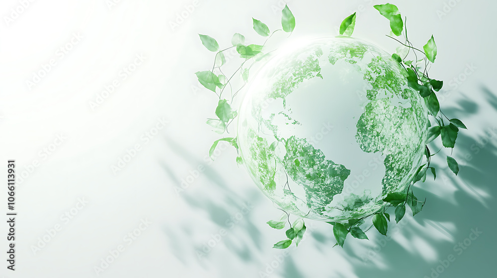 Poster ecofriendly globe icon made of leaves and vines floating above a white background with soft shadows radiating a gentle green glow