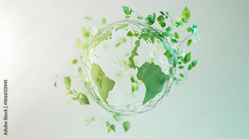 Aufkleber ecofriendly globe icon made of leaves and vines floating above a white background with soft shadows radiating a gentle green glow