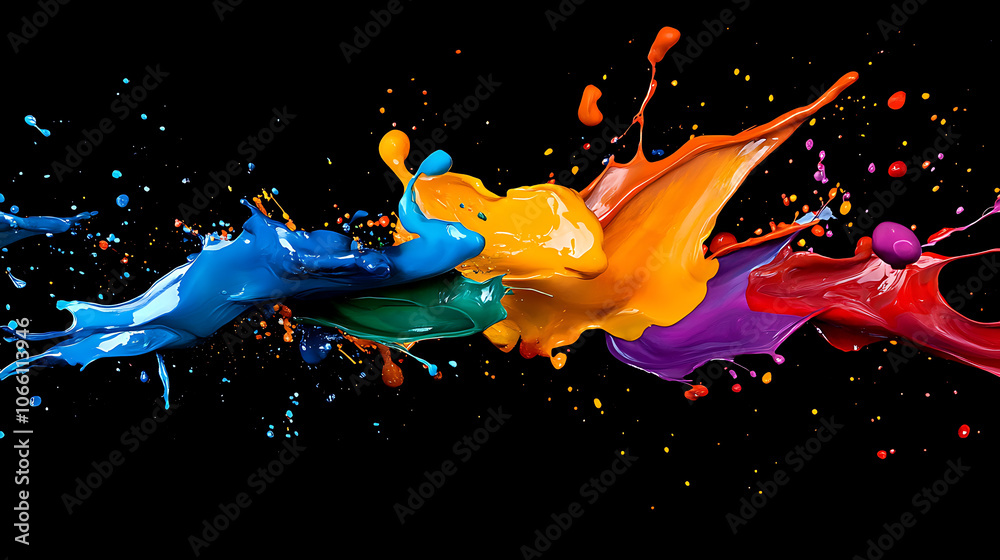 Poster dynamic abstract image of vivid paint splashes colliding midair creating a mesmerizing swirl of colors resembling a chemical reaction or cosmic event