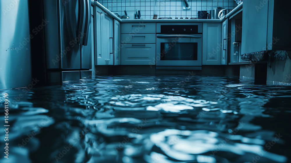 Poster dramatic scene of a flooded kitchen with water pooling on tiled floor reflections of stainless steel