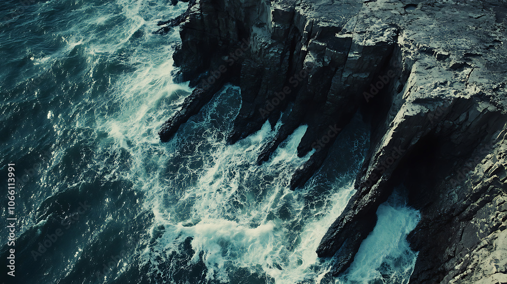 Aufkleber dramatic aerial view of rugged coastline where turbulent ocean waves crash against weathered rocky cliffs creating mesmerizing patterns of foam and spray