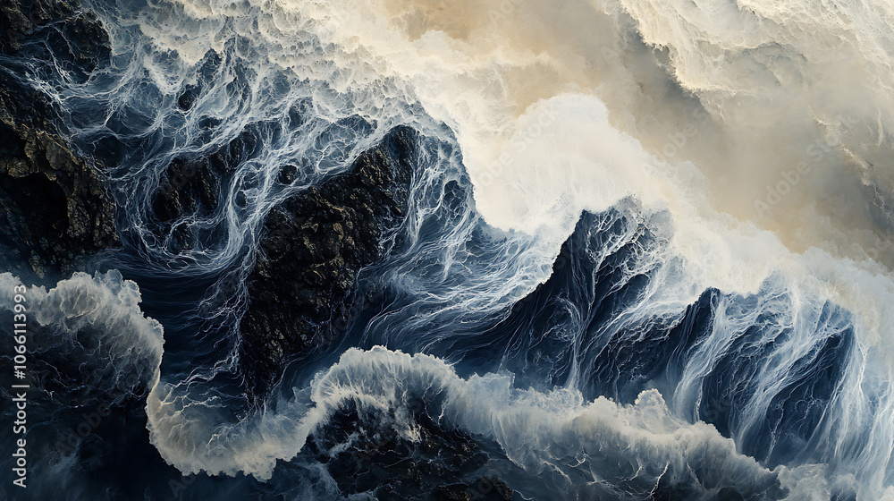 Aufkleber dramatic aerial view of rugged coastline where turbulent ocean waves crash against weathered rocky cliffs creating mesmerizing patterns of foam and spray