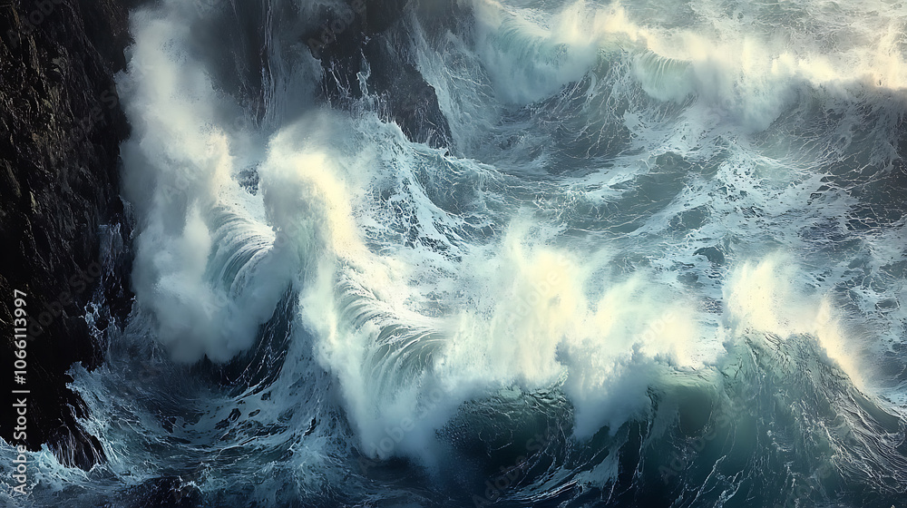 Aufkleber dramatic aerial view of rugged coastline where turbulent ocean waves crash against weathered rocky cliffs creating mesmerizing patterns of foam and spray