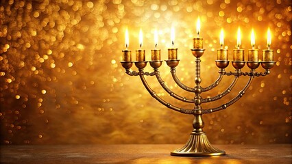 Festive Hanukkah menorah with glowing candles on golden background, Hanukkah, menorah, festival, holidays, celebration