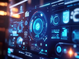 Obraz premium IoT device integration with vibrant lighting, sleek interface, soft lighting, dynamic energy, high-tech style