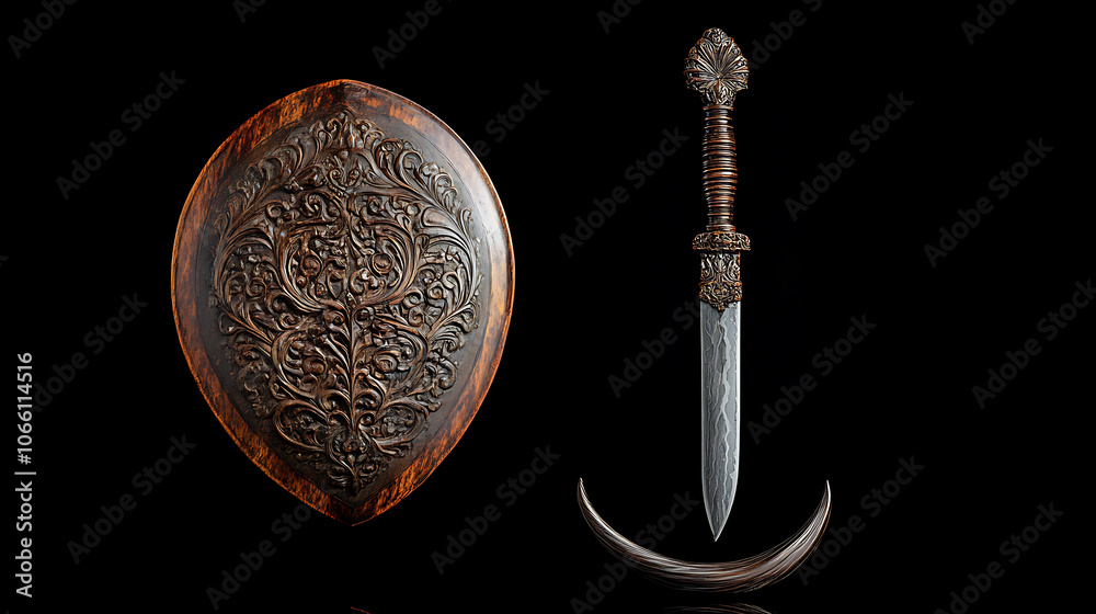 Poster A shield and a keris with an elaborately carved handle and wavy blade, presenting a unique design