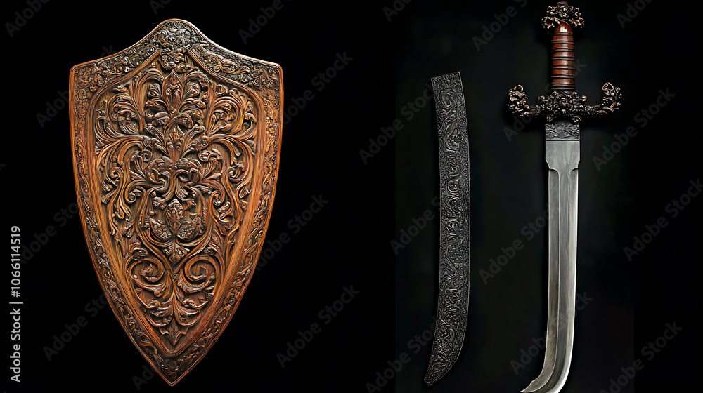 Leinwandbilder a shield and a keris with an elaborately carved handle and wavy blade, presenting a unique design