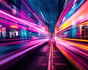 Fototapeta premium Light trails photography in a vibrant city, dynamic movement, soft lighting, high-energy atmosphere