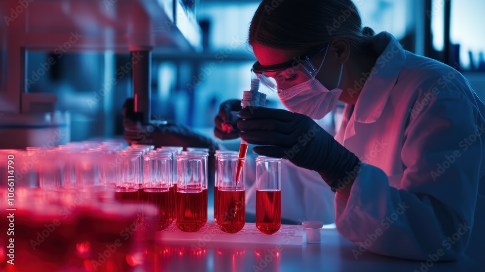 Poster A Scientist in a Lab Coat Working with Test Tubes Filled with Red Liquid