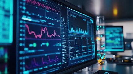 Obraz premium Medical data analysis, vibrant charts, sleek interface, high-tech setup