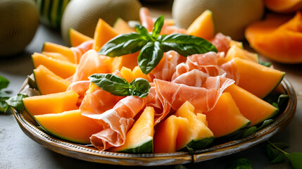 Juicy cantaloupe slices, vibrant orange, served on a platter with prosciutto