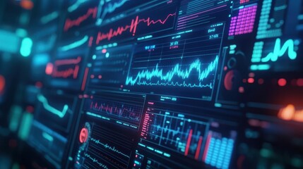 Fototapeta premium Medical data analysis with vibrant charts, sleek interface, soft lighting, high-tech healthcare atmosphere
