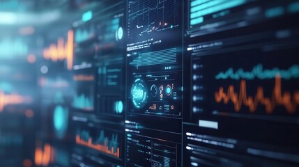 Obraz premium Medical data analysis with vibrant charts, sleek interface, soft lighting, high-tech healthcare atmosphere