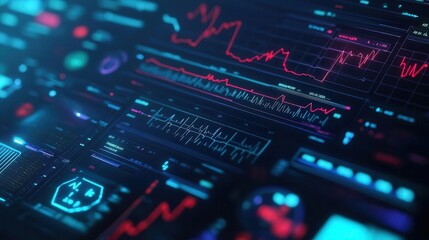 Obraz premium Medical data analysis with vibrant charts, sleek interface, soft lighting, high-tech healthcare atmosphere