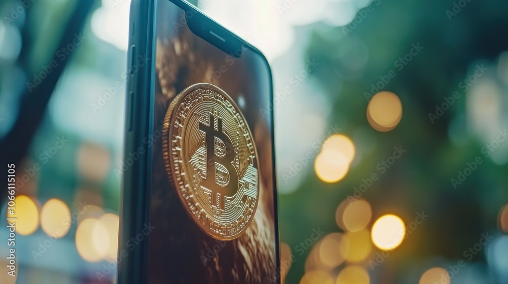 Poster a golden bitcoin coin reflected in a smartphone screen