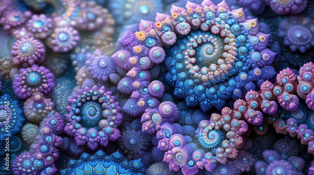 Poster abstract fractal pattern with swirling blue and purple clusters