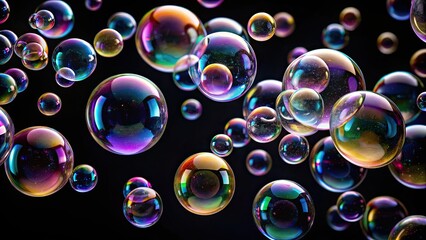 Naklejka premium Floating air bubbles on black background, bubbles, air, black, background, texture, abstract,movement, soft, delicate