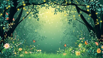 Magical Forest Scene with Butterflies and Fairy Lights.
